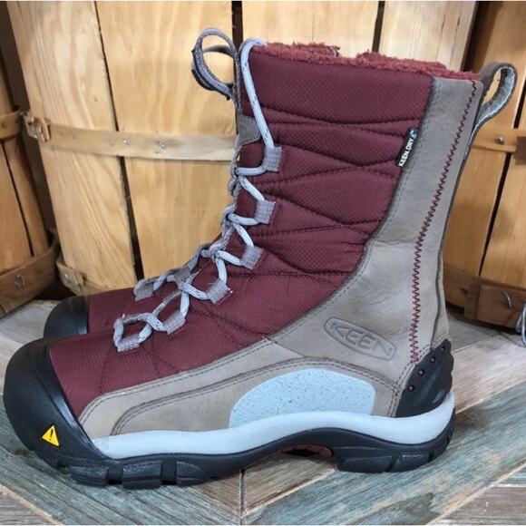 Keen Vail Tan Leather Red Insulated Waterproof Lace-Up Zip Winter Boots Womens 6 - Picture 2 of 12